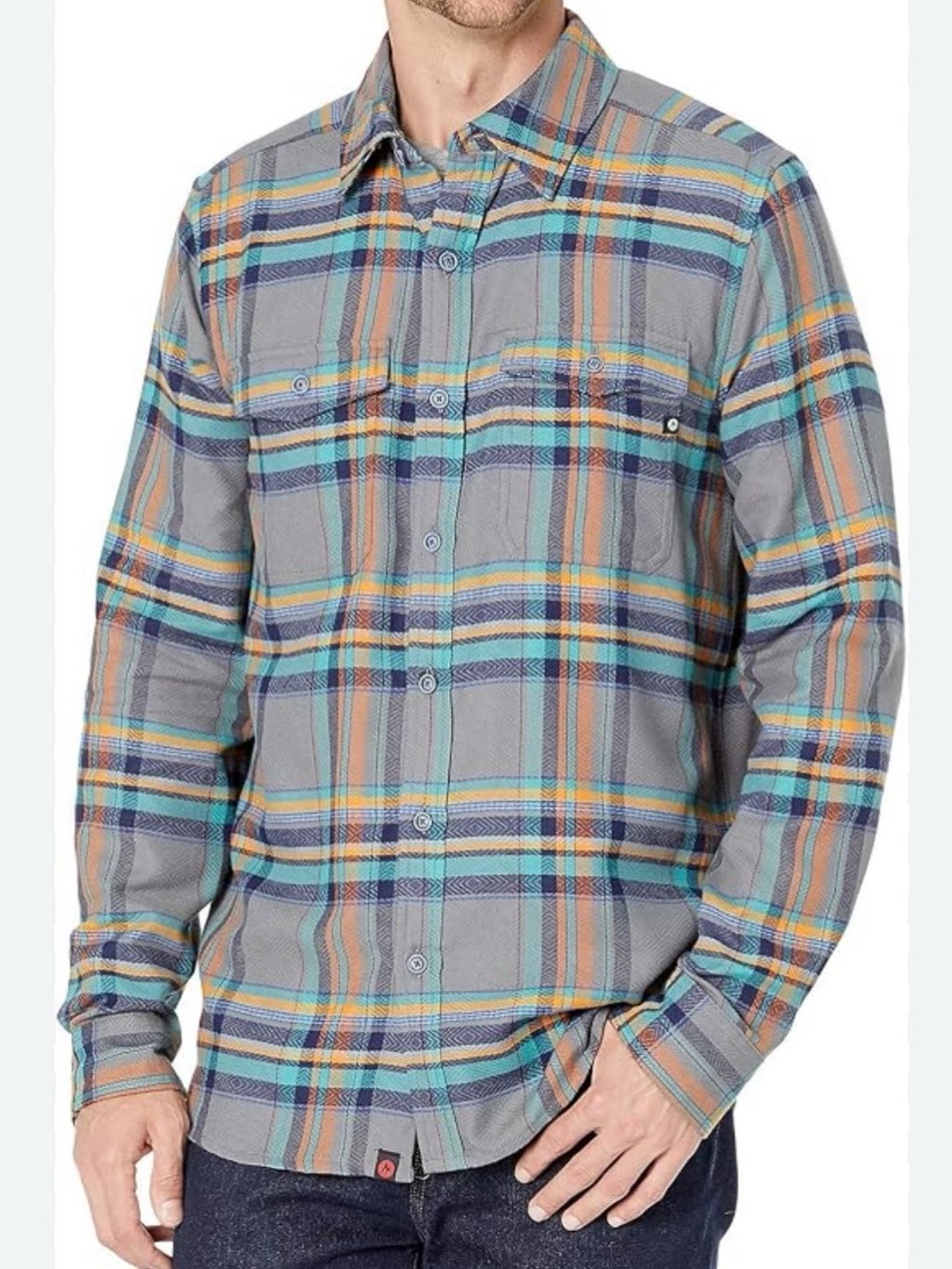 Men's Grey Plaid Button-Down Shirt with Teal & Orange Accents